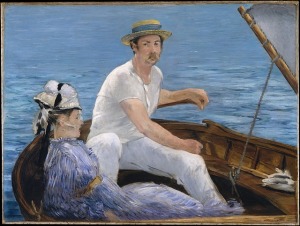 Monet painting of man and woman in a boat