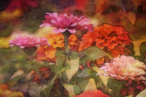 Pink and orange zinnias in impressionist style