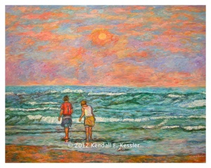 Two figures wading in green water with orange and blue sky