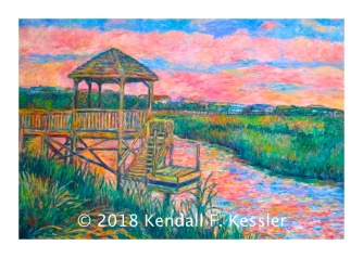 Wooden walkway over water with greens, pinks and blues