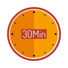 Round orange clock with sign saying 30 Min