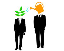 Cartoon of man watering can as head watering man with plant as head