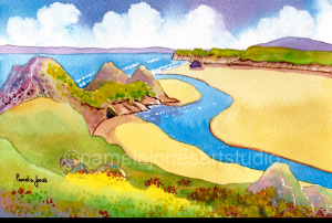 Paintng of a river running into a bay with three cliffs on the left 