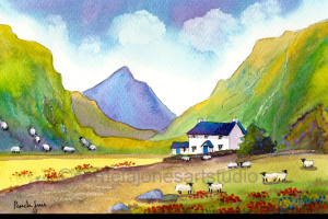 Painting of white cottage with blue roof with white sheep in a valley 