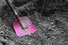 Pink shovel in grey dirt