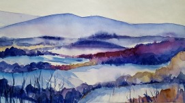 watercolor landscape with mountains in blues and purples