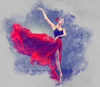 Painting of a ballet dancer with a flowing red skirt on a hazy blue cloud background