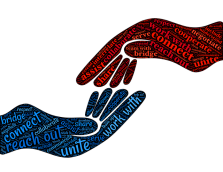 Drawing of two hands, one red and one blue, reaching toward each other. On the hands are written words such as "connect, untie, etc.
