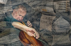 painting of a man playing a cello superimposed on sheets of music
