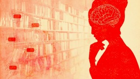 Red silhouette of a woman on yellow background, with an indication of her brain, as she looks at shelves of books