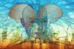 Blue and brown fantasy illustration of a face with diagrams of the brain on either side