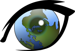 Drawn outline of an eye with an illustration of the world map as the eye
