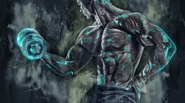 gray and aqua painting of a bodybuilder lifting a hand weight 