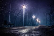 Wet road with starry-looking street lamps at night