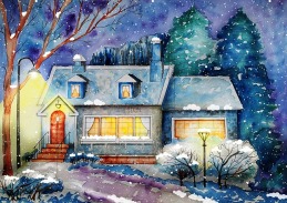 painting of a simple house on a snowy night