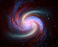 Depiction of swirling energy in pink, blue, yellow and greean against a black background
