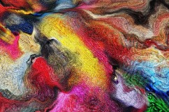 colorful abstract painting with yellow, red, pink, green blue, black, brown and traces of other colors