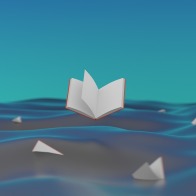 Painting of white book floating above blue water and sky