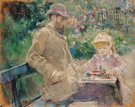 Impressionist painting of a man sitting on a park bench with a little girl 