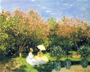 Monet painting of two wome in white dresses in a garden with a background of trees