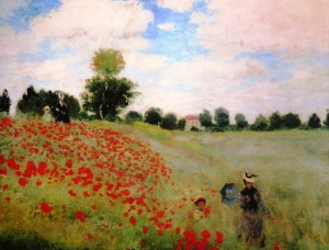Monet painting of red poppies on green hill with cloudy sky and three figures in foreground