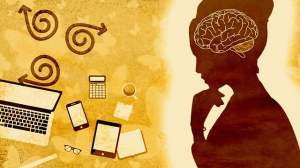 Brown silhouette of a woman showing her brain in yellow as she looks at laptop, cellphone, calculator, and other items