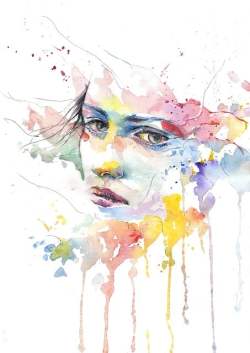 Watercolor of woman's face with paint dripping in pink, yellow, blue and green